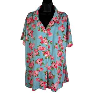 Bedhead PJs Organic Cotton Womens 2XL Pajama Top Floral Roses Print PJ Blue Pink